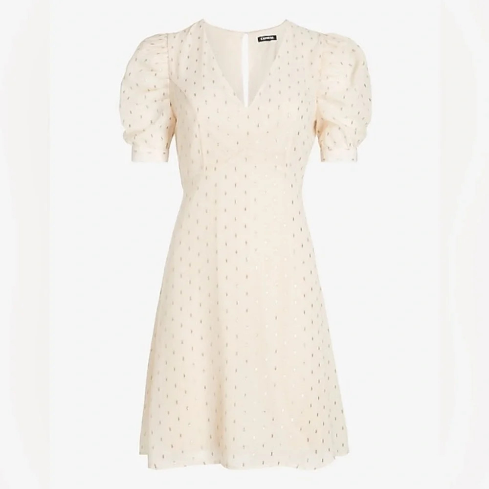 EXPRESS Metallic‎ Clip Dot Puff Sleeve Fit and Flare Dress - Picture 3 of 7